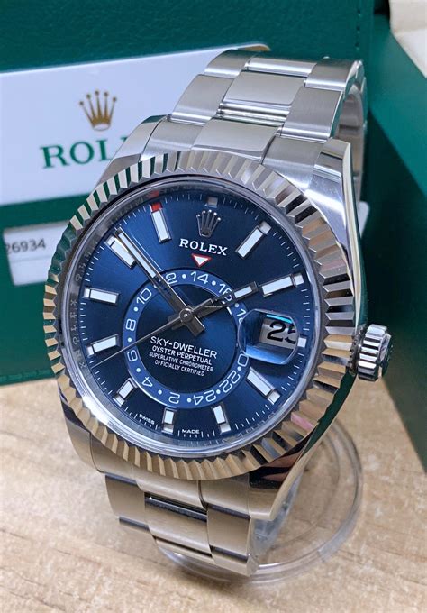 rolex sky dweller blue dial stainless steel|rolex sky dweller watch price.